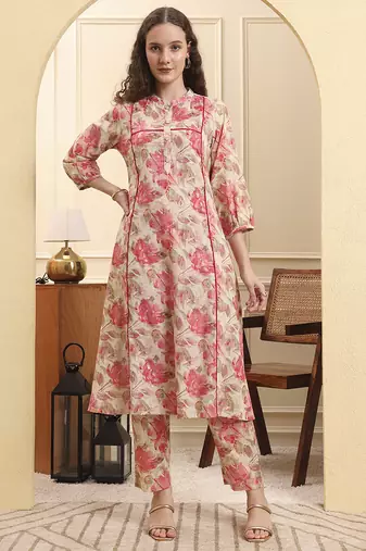 Yufta pink floral print linen a-line kurta trouser set