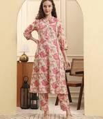 pink floral print linen a-line kurta trouser set
