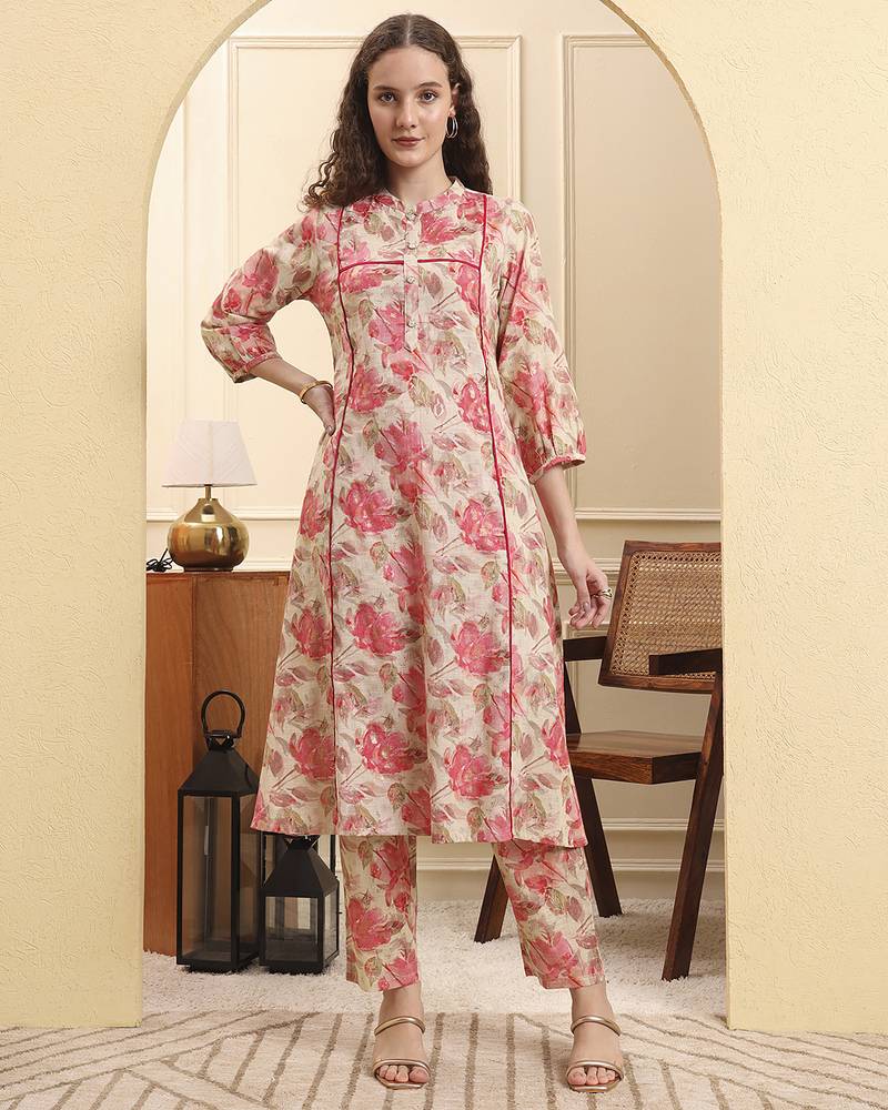 Yufta pink floral print linen a-line kurta trouser set