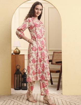 pink floral print linen a-line kurta trouser set 2