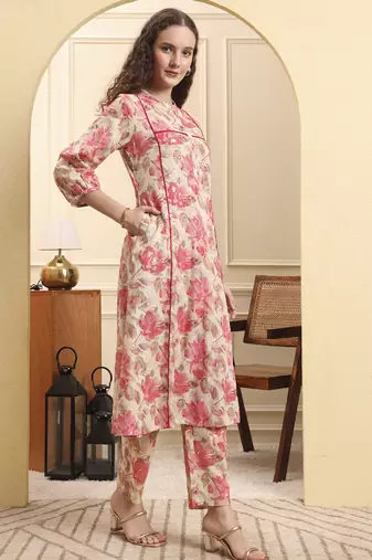 pink floral print linen a-line kurta trouser set
