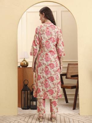 pink floral print linen a-line kurta trouser set 3