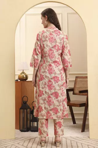 pink floral print linen a-line kurta trouser set