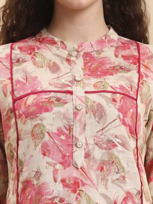pink floral print linen a-line kurta trouser set 4