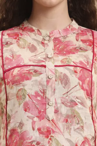 pink floral print linen a-line kurta trouser set