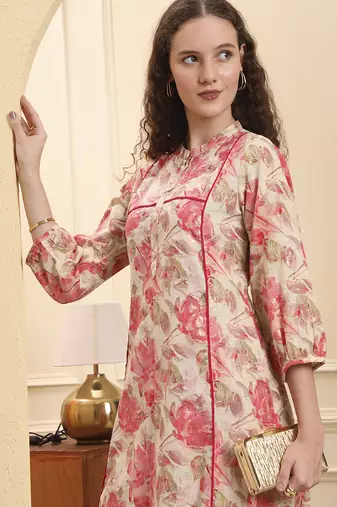 pink floral print linen a-line kurta trouser set