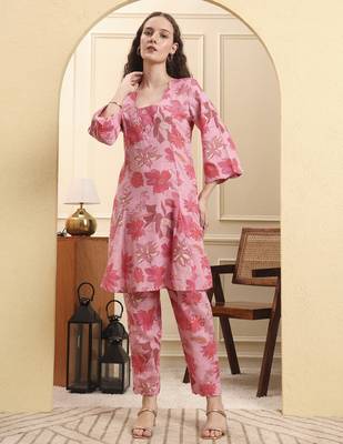 pink floral print pure cotton v-neck a-line kurta trouser set 1