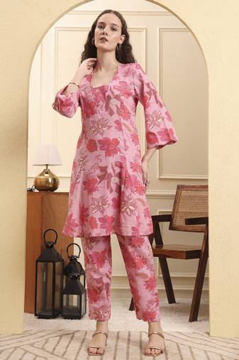 Yufta pink floral print pure cotton v-neck a-line kurta trouser set