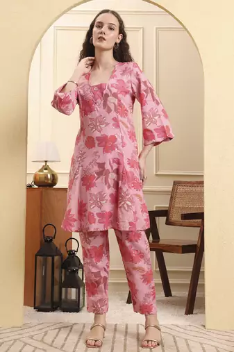 Yufta pink floral print pure cotton v-neck a-line kurta trouser set