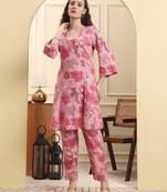 pink floral print pure cotton v-neck a-line kurta trouser set