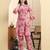 Yufta pink floral print pure cotton v-neck a-line kurta trouser set