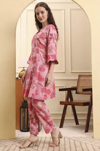 pink floral print pure cotton v-neck a-line kurta trouser set
