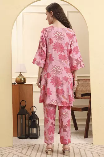 pink floral print pure cotton v-neck a-line kurta trouser set
