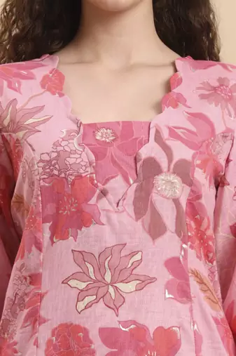 pink floral print pure cotton v-neck a-line kurta trouser set