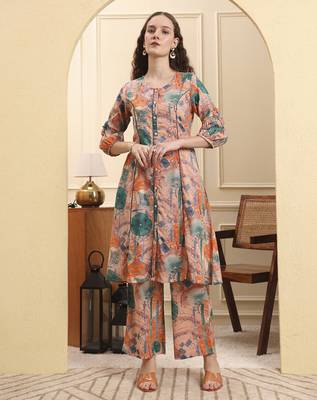 peach ethnic motifs a-line kurta trouser set 1