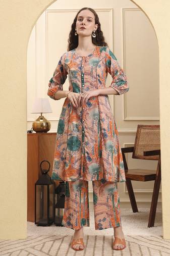 Yufta peach ethnic motifs a-line kurta trouser set