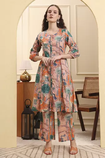 Yufta peach ethnic motifs a-line kurta trouser set