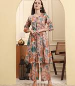 peach ethnic motifs a-line kurta trouser set
