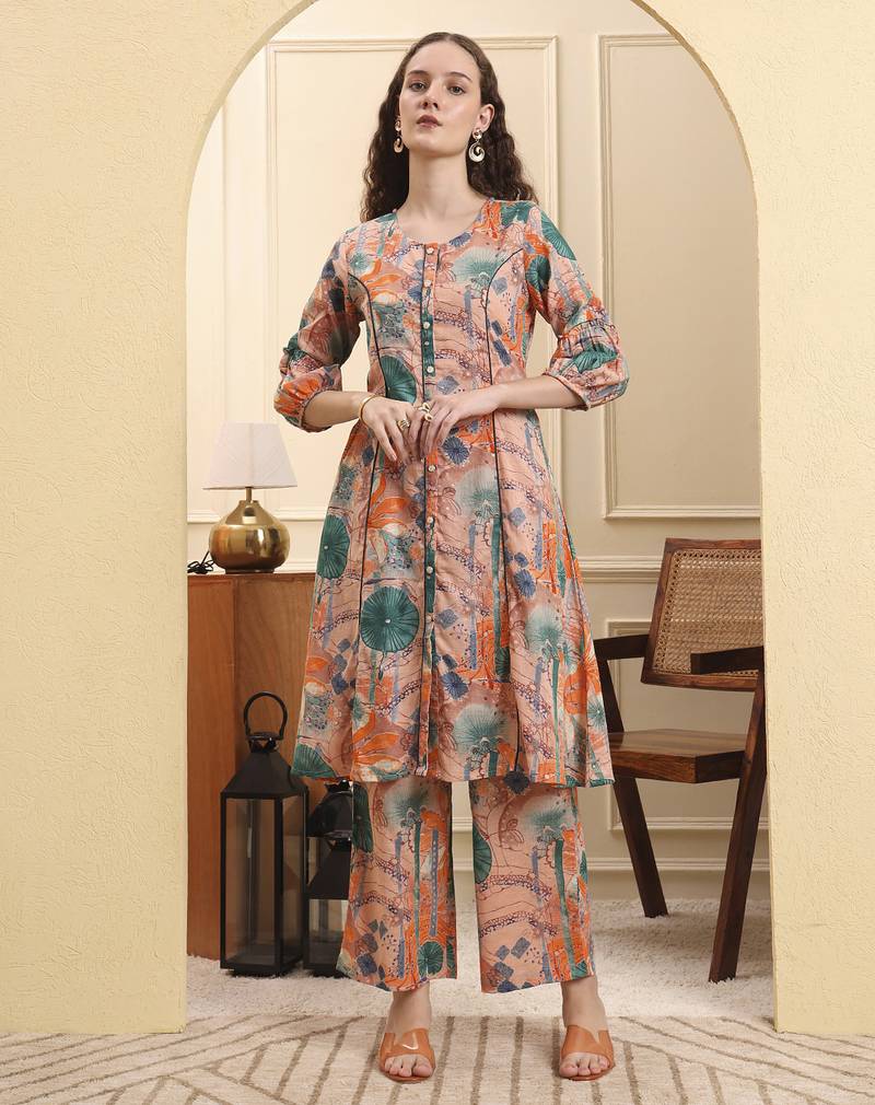 Yufta peach ethnic motifs a-line kurta trouser set