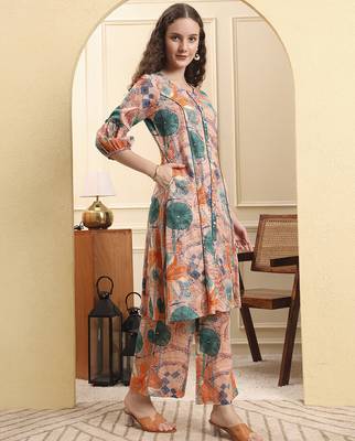 peach ethnic motifs a-line kurta trouser set 2
