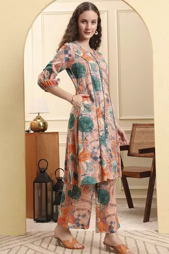 peach ethnic motifs a-line kurta trouser set