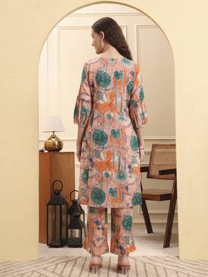peach ethnic motifs a-line kurta trouser set 3