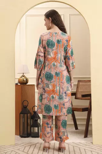 peach ethnic motifs a-line kurta trouser set