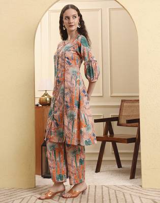 peach ethnic motifs a-line kurta trouser set 5