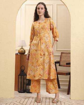 mustard floral print a-line kurta trouser set 1