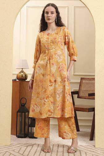 Yufta mustard floral print a-line kurta trouser set