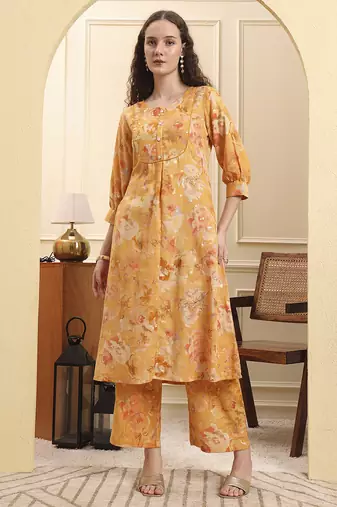 Yufta mustard floral print a-line kurta trouser set