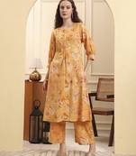 mustard floral print a-line kurta trouser set