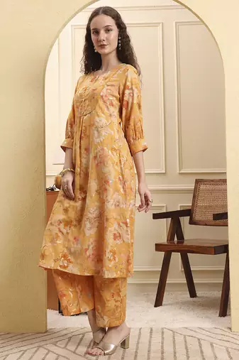 mustard floral print a-line kurta trouser set