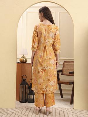 mustard floral print a-line kurta trouser set 3