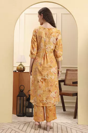 mustard floral print a-line kurta trouser set