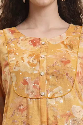 mustard floral print a-line kurta trouser set