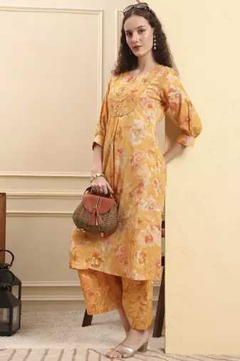 mustard floral print a-line kurta trouser set