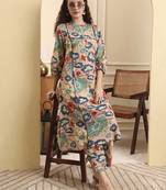 peach floral print a-line kurta trouser set