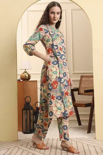 peach floral print a-line kurta trouser set