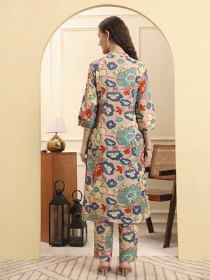 peach floral print a-line kurta trouser set 3