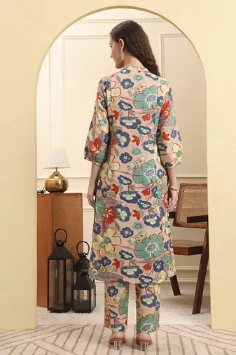 peach floral print a-line kurta trouser set