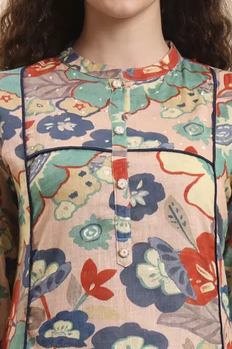 peach floral print a-line kurta trouser set