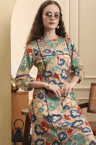 peach floral print a-line kurta trouser set