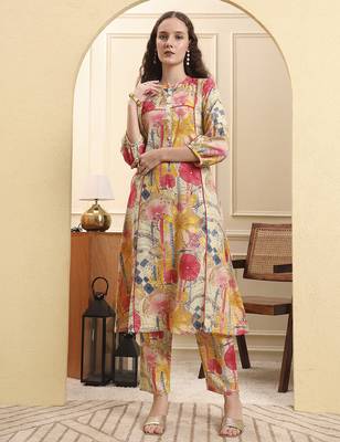 yellow floral print a-line kurta trouser set 1