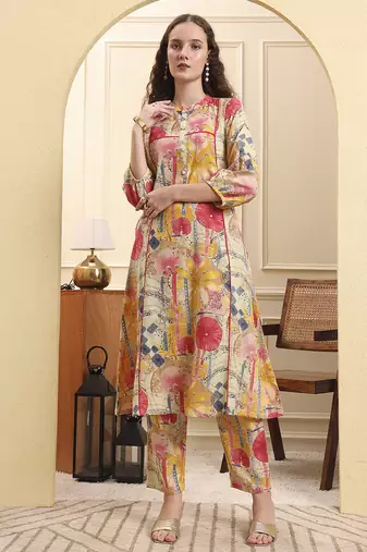 Yufta yellow floral print a-line kurta trouser set