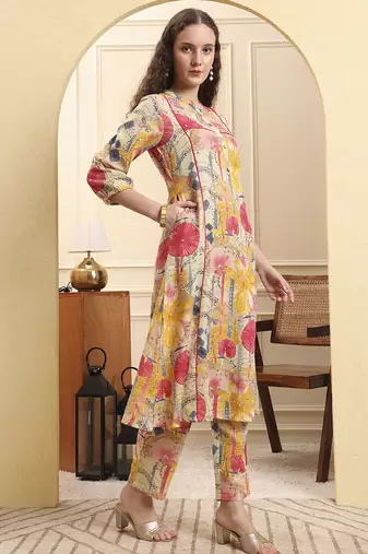 yellow floral print a-line kurta trouser set