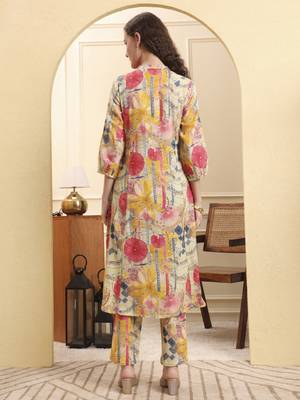 yellow floral print a-line kurta trouser set 3