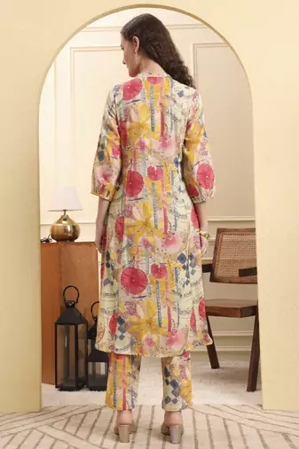 yellow floral print a-line kurta trouser set