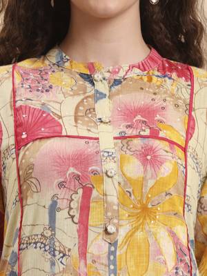 yellow floral print a-line kurta trouser set 4
