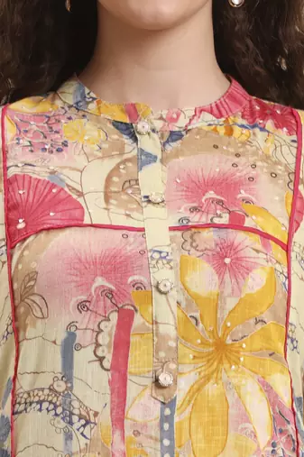 yellow floral print a-line kurta trouser set